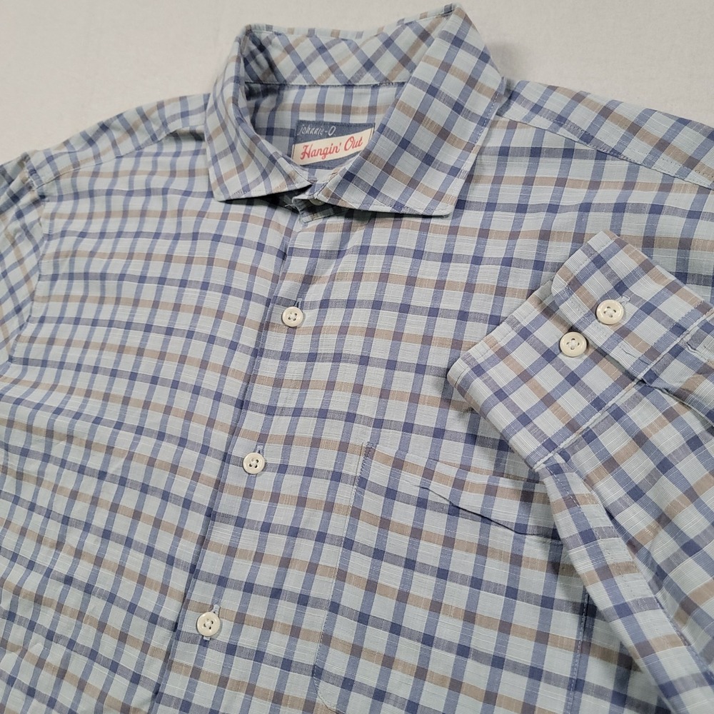 Johnnie-O Lawdon Shirt Mens Medium Blue Plaid Hangin Out Stretch Button Up